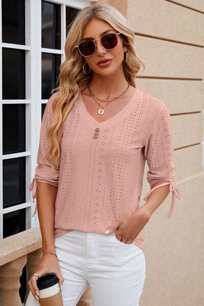 Eyelet Drawstring V-Neck Top in 9 Colors - Olive Ave