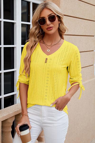 Eyelet Drawstring V-Neck Top in 9 Colors - Olive Ave