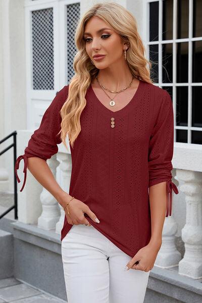 Eyelet Drawstring V-Neck Top in 9 Colors - Olive Ave