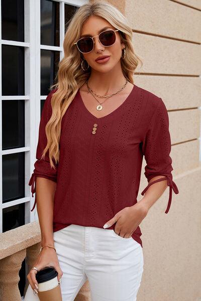 Eyelet Drawstring V-Neck Top in 9 Colors - Olive Ave