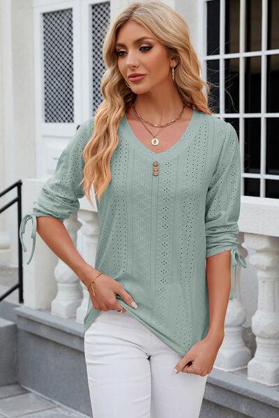 Eyelet Drawstring V-Neck Top in 9 Colors - Olive Ave