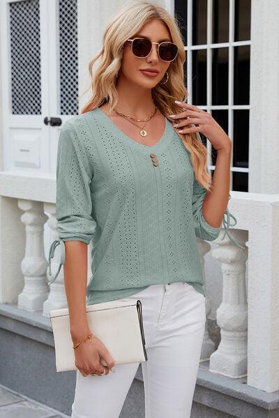 Eyelet Drawstring V-Neck Top in 9 Colors - Olive Ave