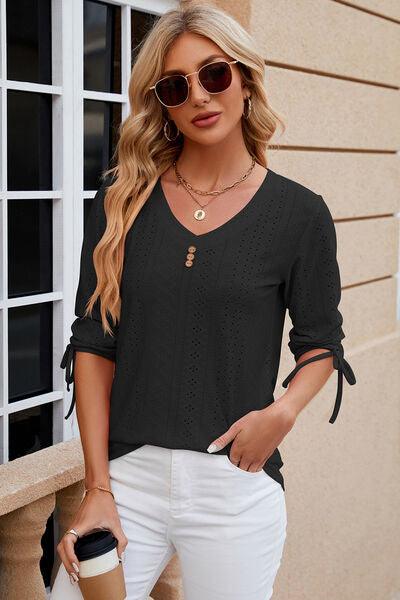 Eyelet Drawstring V-Neck Top in 9 Colors - Olive Ave