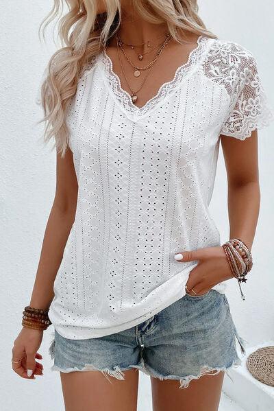 Eyelet Lace Detail V-Neck Top - Olive Ave