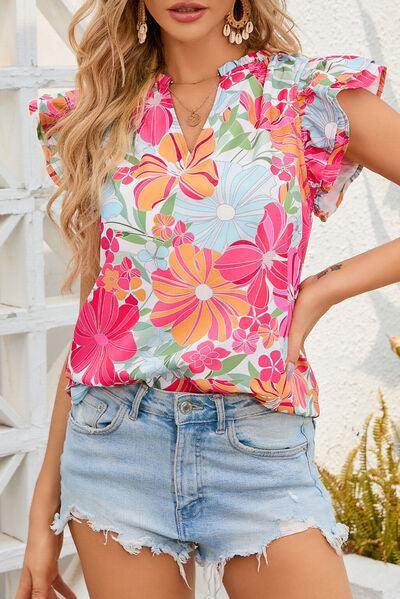 Floral Ruffled Notched Blouse - Olive Ave
