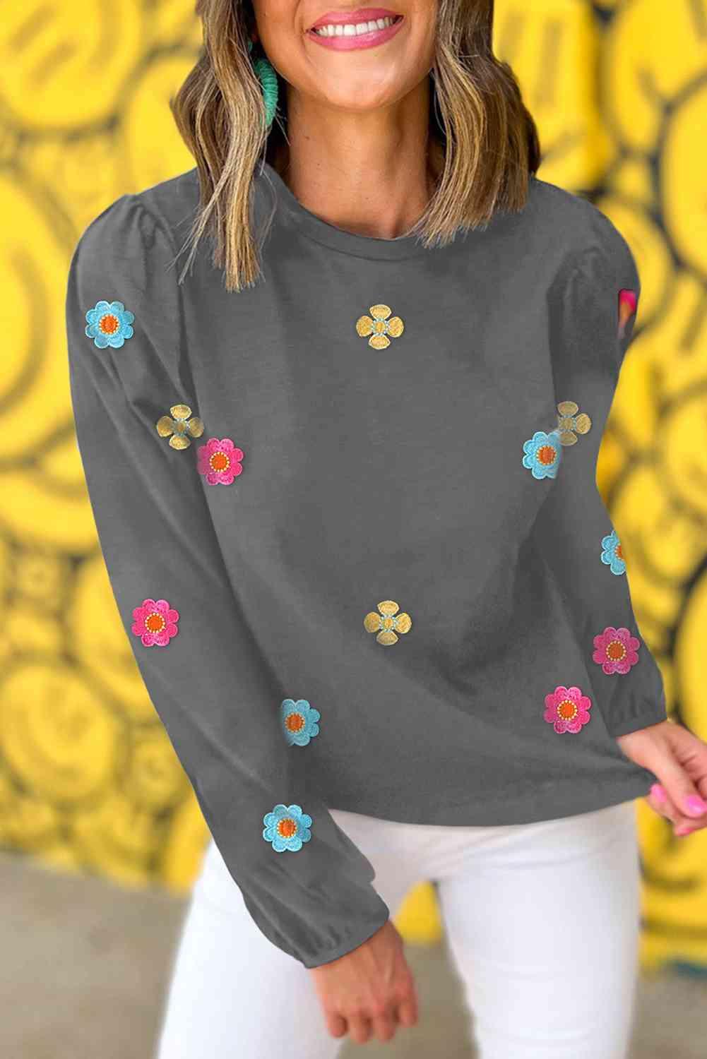 Flower Balloon Sleeve Sweater - Olive Ave