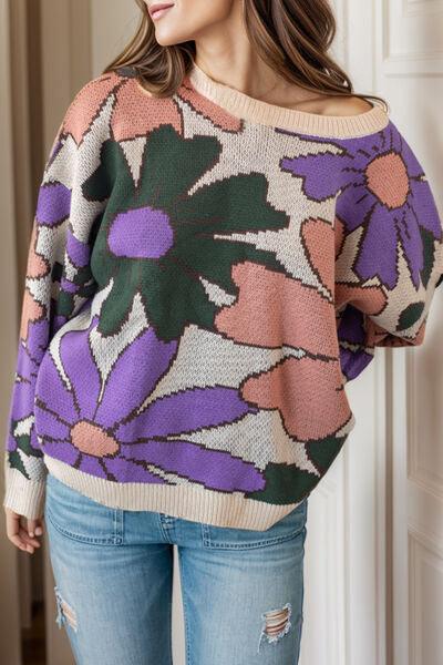 Flower Dropped Shoulder Sweater - Olive Ave