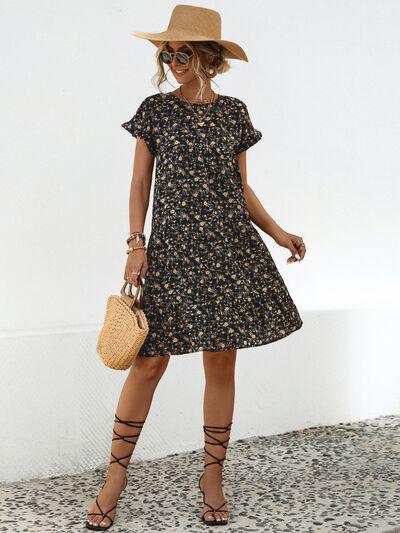 Frill Floral Short Sleeve Tiered Dress - Olive Ave