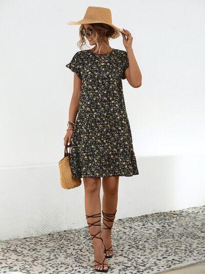 Frill Floral Short Sleeve Tiered Dress - Olive Ave