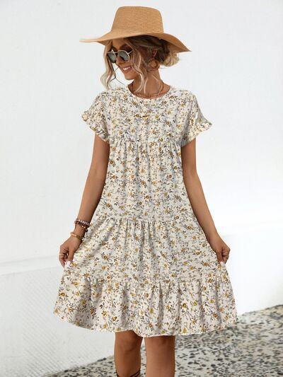 Frill Floral Short Sleeve Tiered Dress - Olive Ave