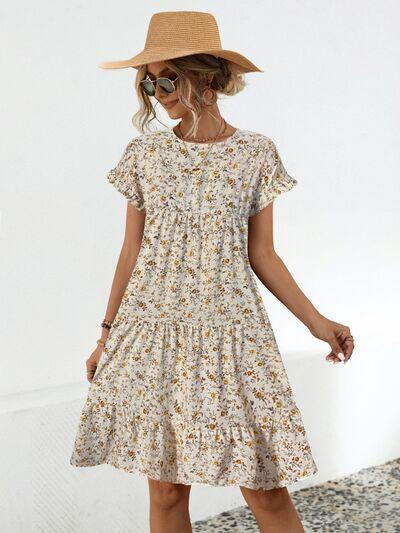 Frill Floral Short Sleeve Tiered Dress - Olive Ave