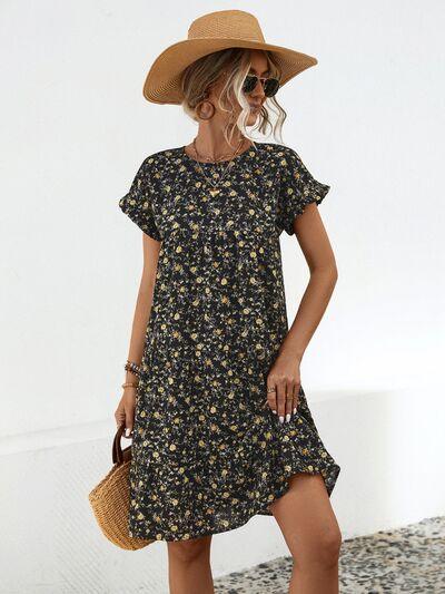 Frill Floral Short Sleeve Tiered Dress - Olive Ave