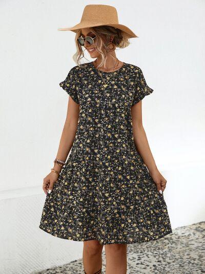 Frill Floral Short Sleeve Tiered Dress - Olive Ave