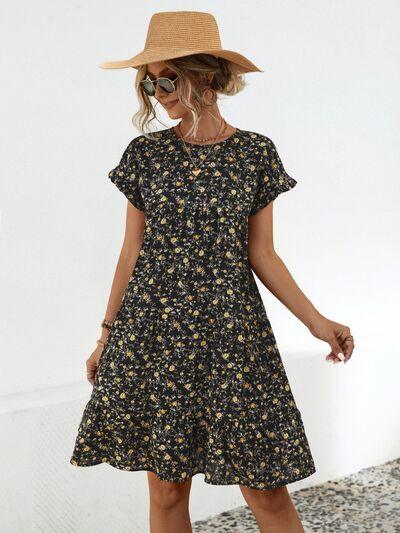 Frill Floral Short Sleeve Tiered Dress - Olive Ave