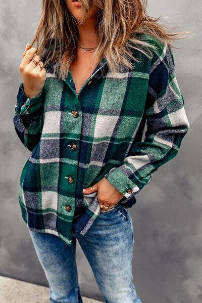 Full Size Button Up Plaid Hooded Jacket in 12 Colors - Olive Ave