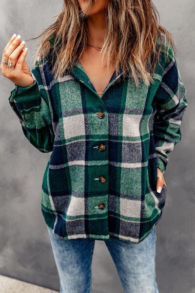 Full Size Button Up Plaid Hooded Jacket in 12 Colors - Olive Ave