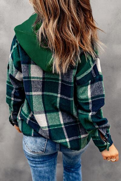 Full Size Button Up Plaid Hooded Jacket in 12 Colors - Olive Ave