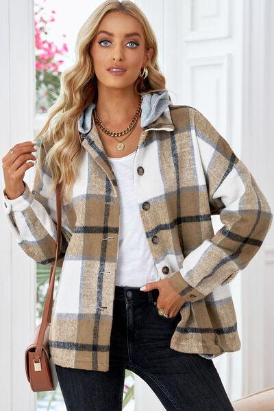 Full Size Button Up Plaid Hooded Jacket in 12 Colors - Olive Ave