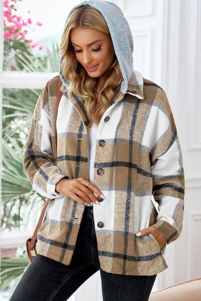 Full Size Button Up Plaid Hooded Jacket in 12 Colors - Olive Ave