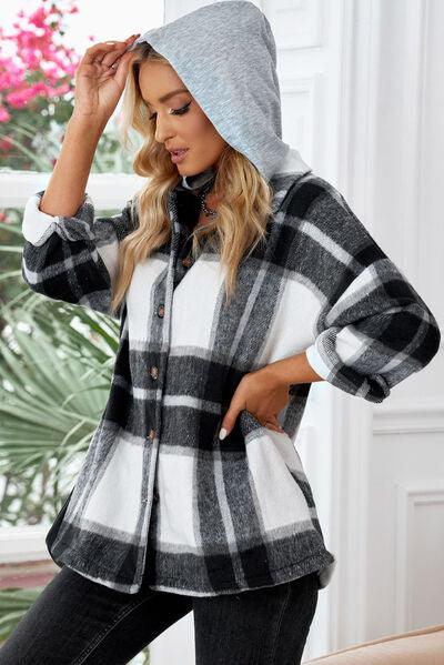 Full Size Button Up Plaid Hooded Jacket in 12 Colors - Olive Ave