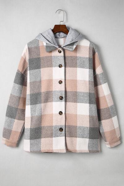 Full Size Button Up Plaid Hooded Jacket in 12 Colors - Olive Ave