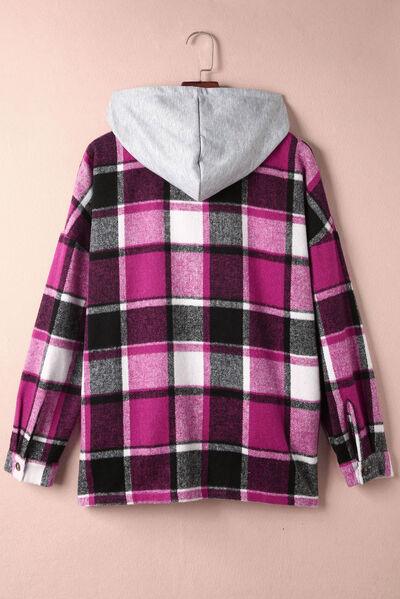 Full Size Button Up Plaid Hooded Jacket in 12 Colors - Olive Ave