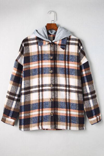 Full Size Button Up Plaid Hooded Jacket in 12 Colors - Olive Ave