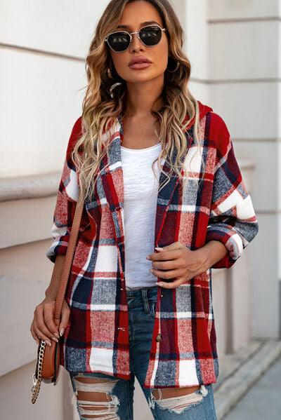 Full Size Button Up Plaid Hooded Jacket in 12 Colors - Olive Ave