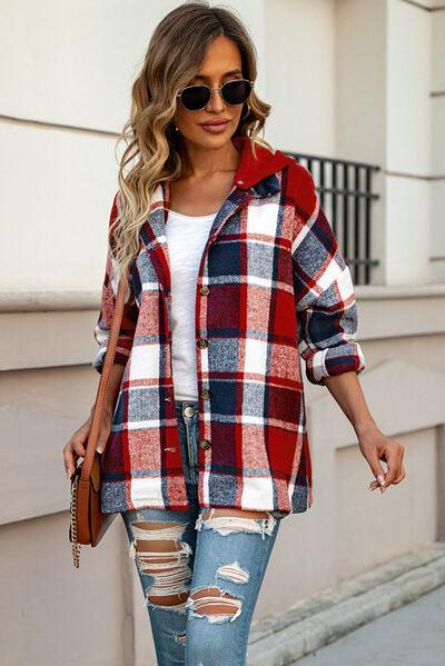 Full Size Button Up Plaid Hooded Jacket in 12 Colors - Olive Ave