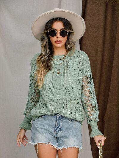 Full Size Eyelet Crochet Lantern Sleeve Sweater - Olive Ave