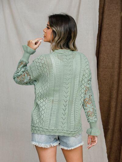 Full Size Eyelet Crochet Lantern Sleeve Sweater - Olive Ave