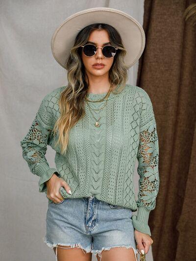 Full Size Eyelet Crochet Lantern Sleeve Sweater - Olive Ave