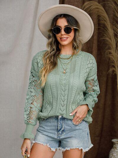 Full Size Eyelet Crochet Lantern Sleeve Sweater - Olive Ave