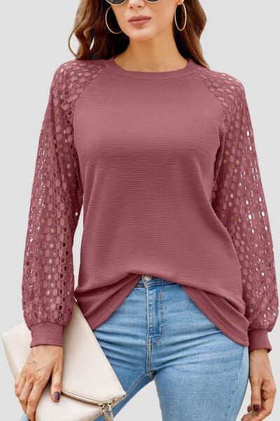 Full Size Eyelet Long Sleeve Top - Olive Ave