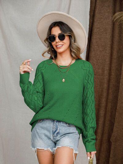 Full Size Openwork Raglan Sleeve Sweater in 7 Colors - Olive Ave