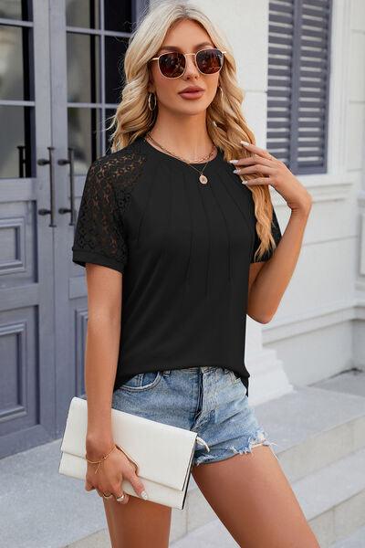 Full Size Openwork Short Sleeve Top in 8 Colors - Olive Ave