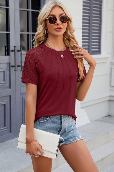 Full Size Openwork Short Sleeve Top in 8 Colors - Olive Ave