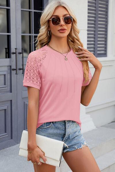 Full Size Openwork Short Sleeve Top in 8 Colors - Olive Ave