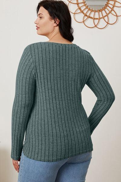 Full Size Ribbed V-Neck Long Sleeve Top in 5 Colors - Olive Ave