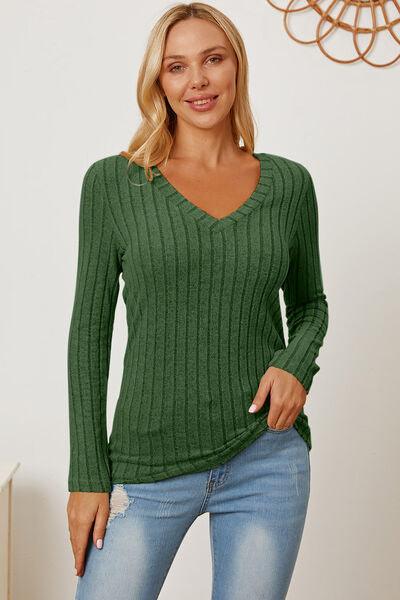 Full Size Ribbed V-Neck Long Sleeve Top in 5 Colors - Olive Ave