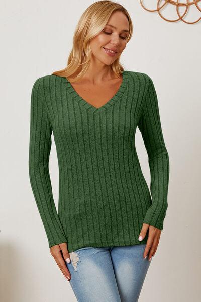 Full Size Ribbed V-Neck Long Sleeve Top in 5 Colors - Olive Ave