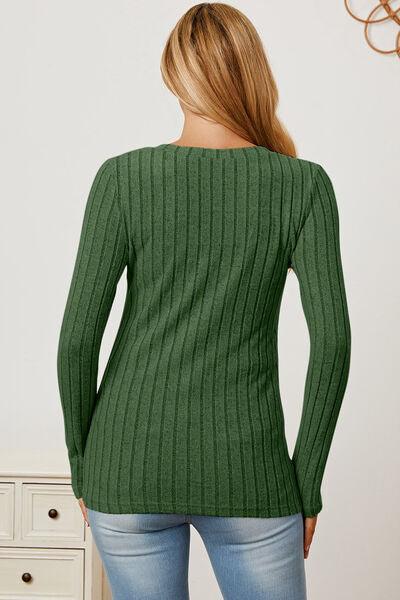 Full Size Ribbed V-Neck Long Sleeve Top in 5 Colors - Olive Ave