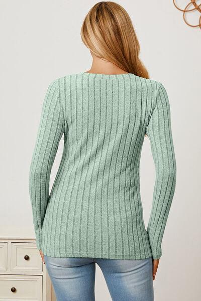 Full Size Ribbed V-Neck Long Sleeve Top in 5 Colors - Olive Ave