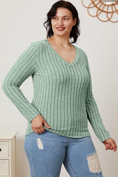 Full Size Ribbed V-Neck Long Sleeve Top in 5 Colors - Olive Ave