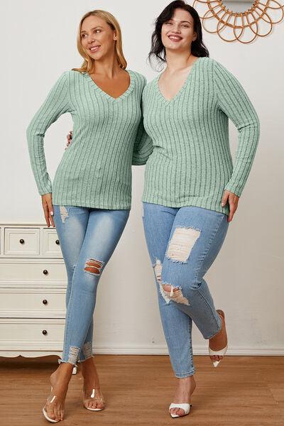 Full Size Ribbed V-Neck Long Sleeve Top in 5 Colors - Olive Ave