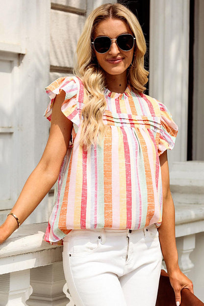 Full Size Ruffled Striped Cap Sleeve Blouse - Olive Ave