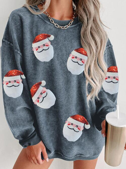 Full Size Sequin Santa Patch Sweatshirt - Olive Ave