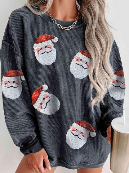 Full Size Sequin Santa Patch Sweatshirt - Olive Ave