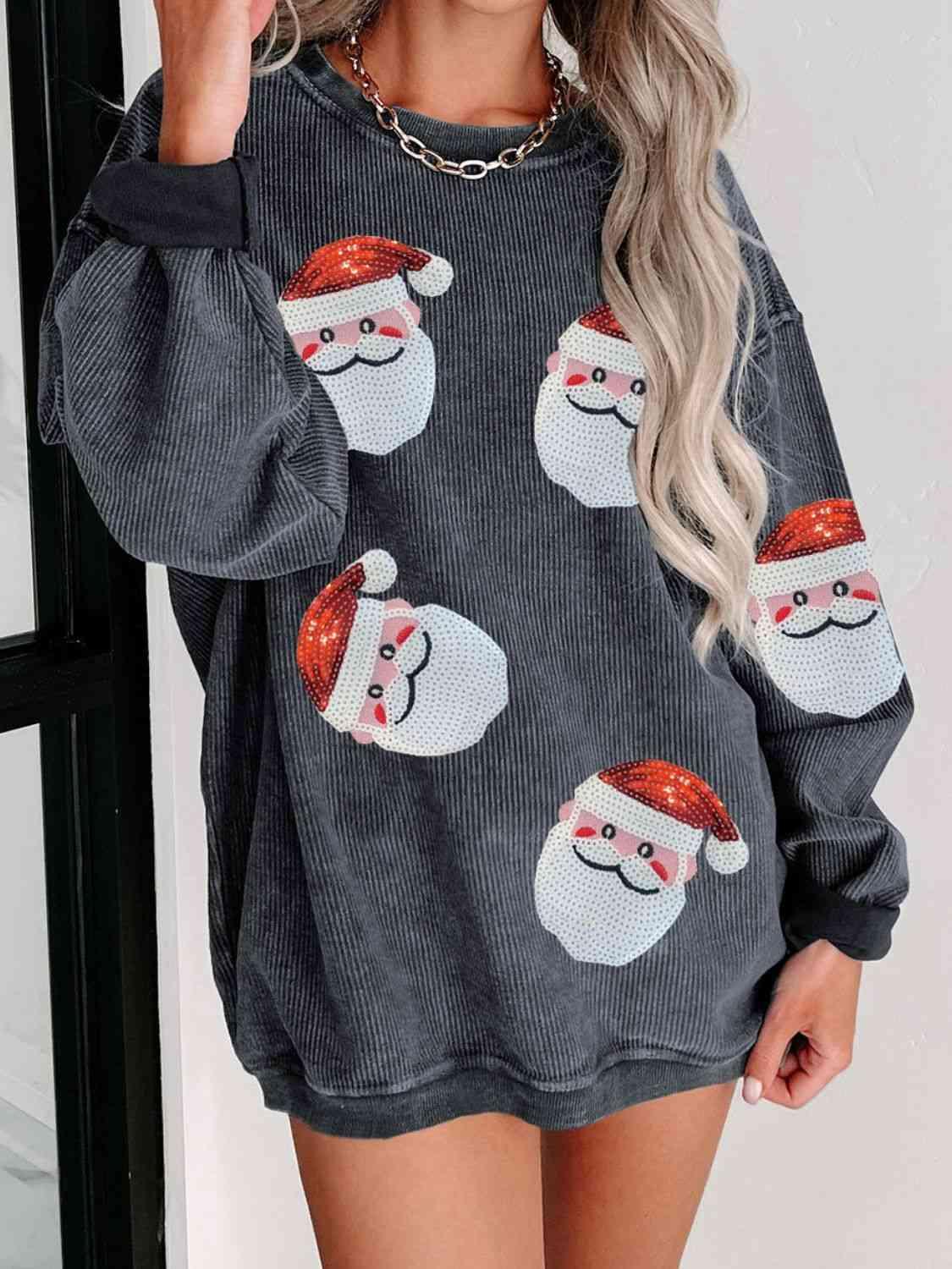 Full Size Sequin Santa Patch Sweatshirt - Olive Ave