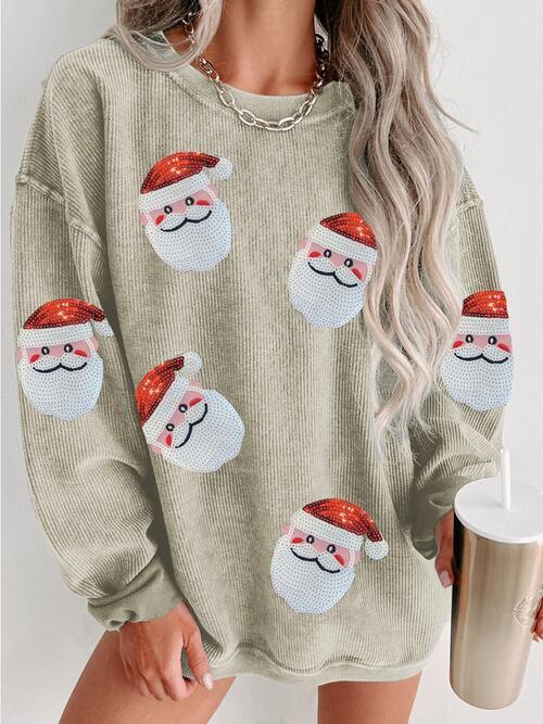 Full Size Sequin Santa Patch Sweatshirt - Olive Ave